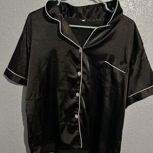 Elegant Black Satin Pajama Top with White Trim